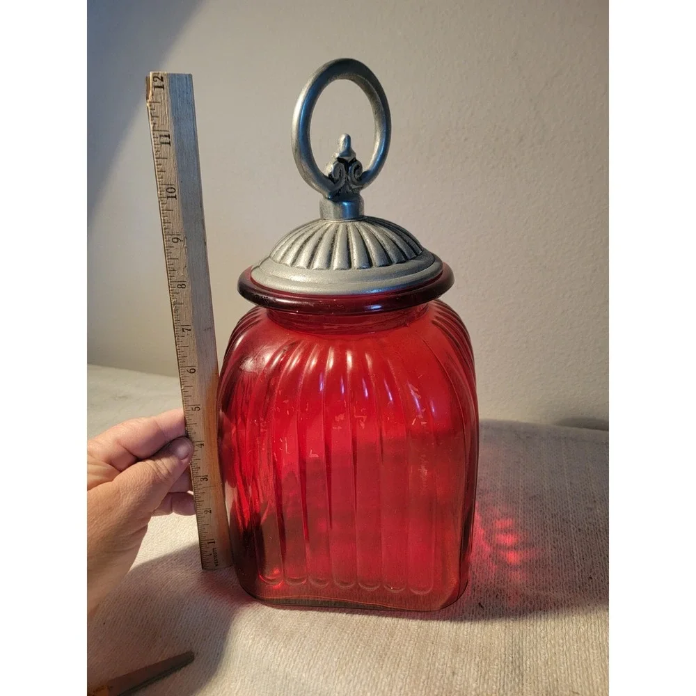 Vintage Artland‎ Painted Red Ribbed Glass Kitchen Canister Jar w Lid Large